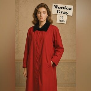 Vintage Monica Gray Red Midi Coat | Size 14 | Velvet Collar & Tab | 1980s